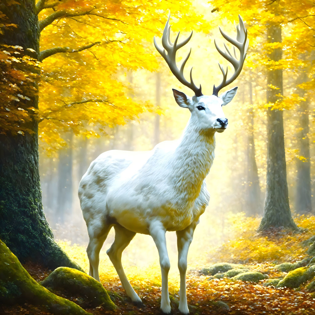 Majestic white deer with antlers in golden forest setting