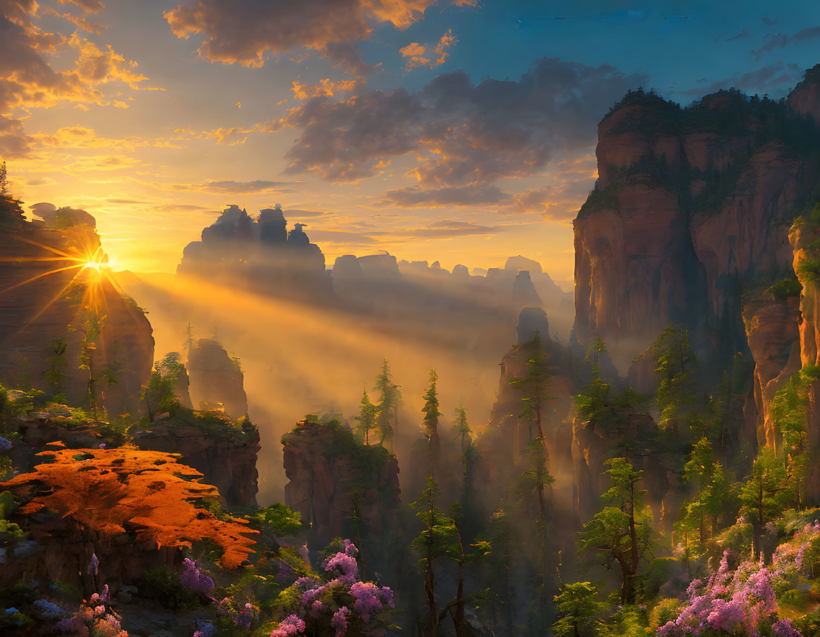 Majestic morning landscape with mist, cliffs, and vibrant valley.