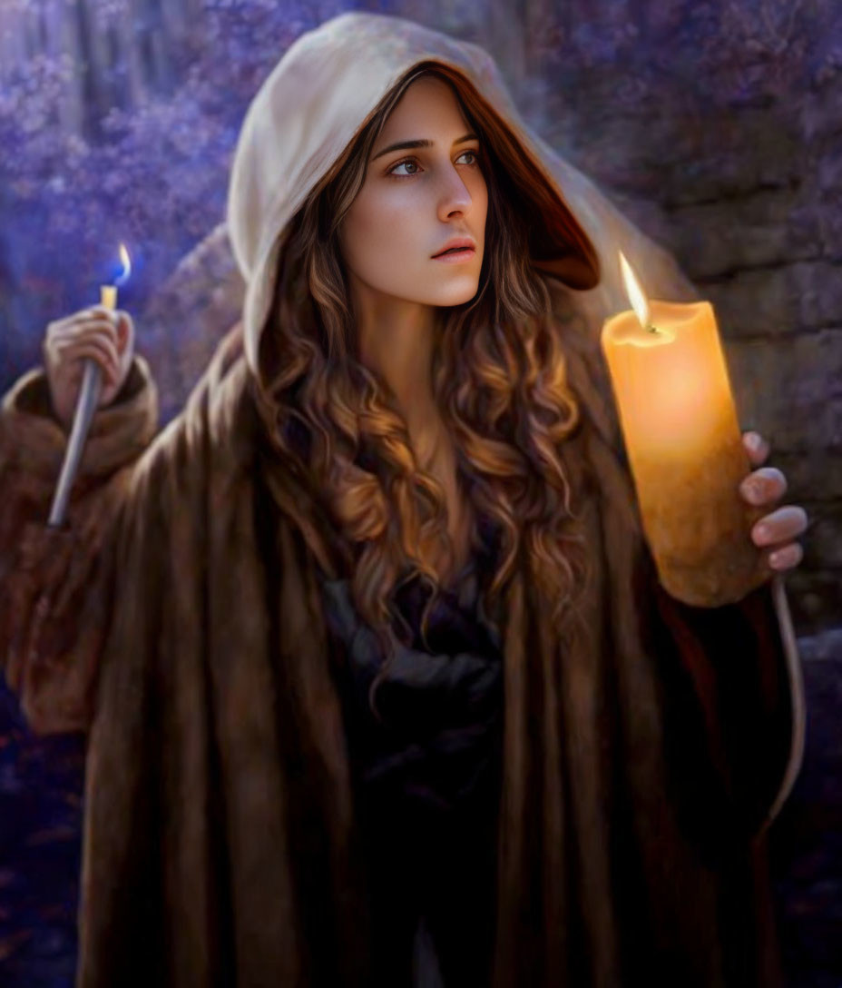 Woman in hooded cloak with lit candle and matchstick against medieval stone wall.