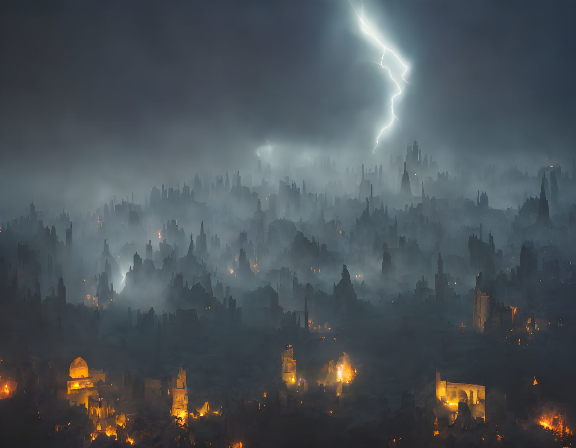 Cityscape at Night: Foggy Skyline with Lightning Strike