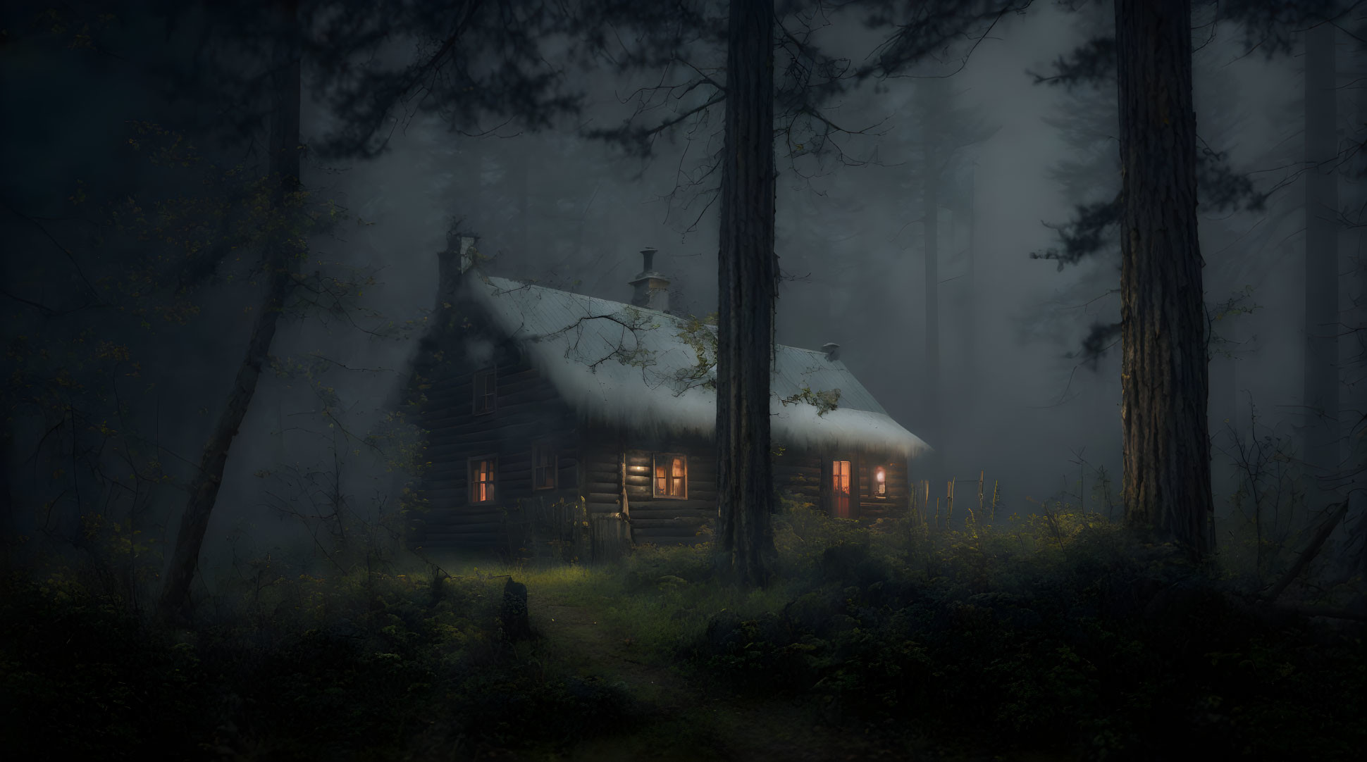 Secluded wooden cabin in misty forest