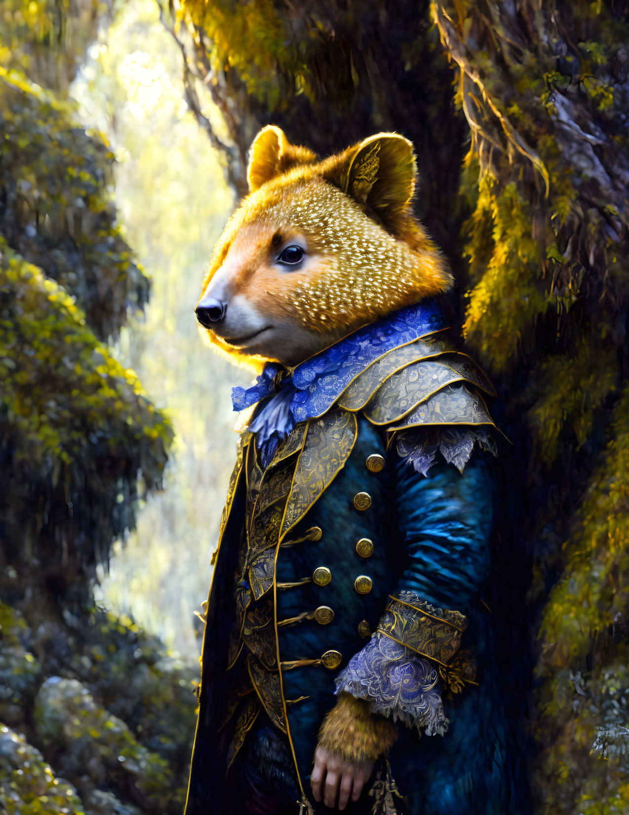 Elegant Renaissance Attired Fox in Sunlit Forest