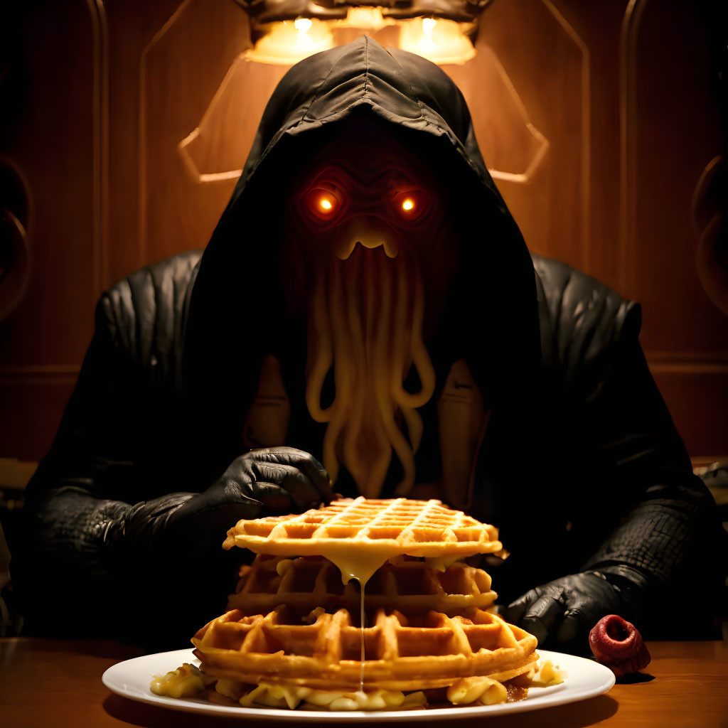 Hooded figure with red eyes and tentacles gazes at waffles on table