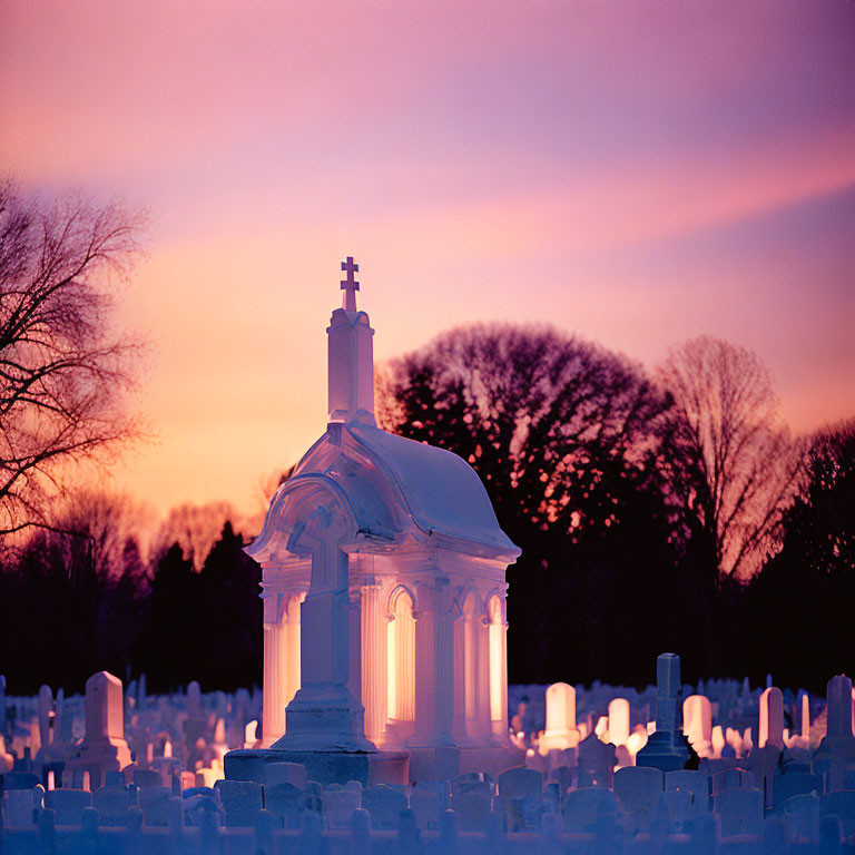 Sunset cemetery scene with mausoleum and headstones under pink and purple sky