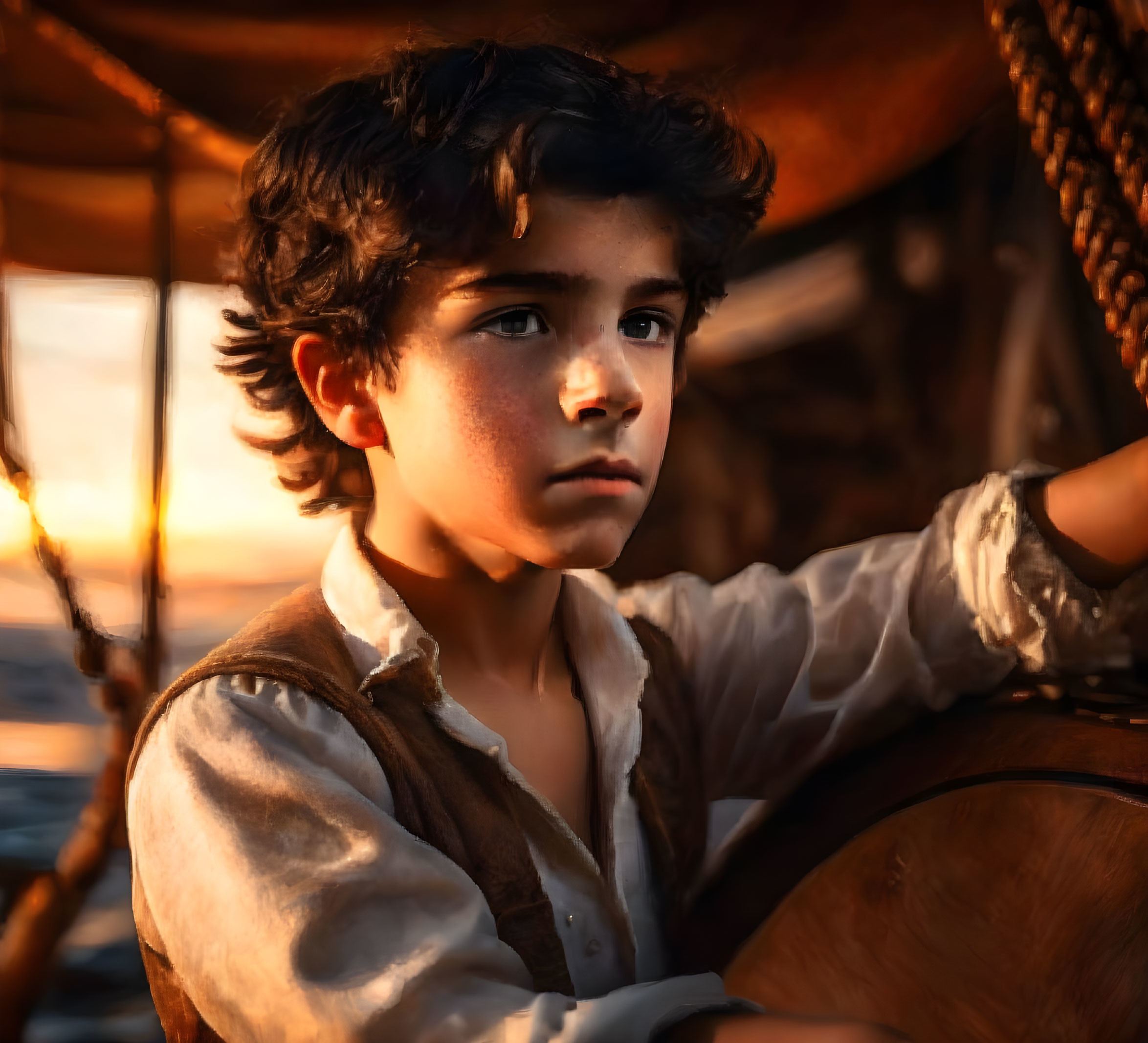 Young boy in historical attire steering ship at sunset