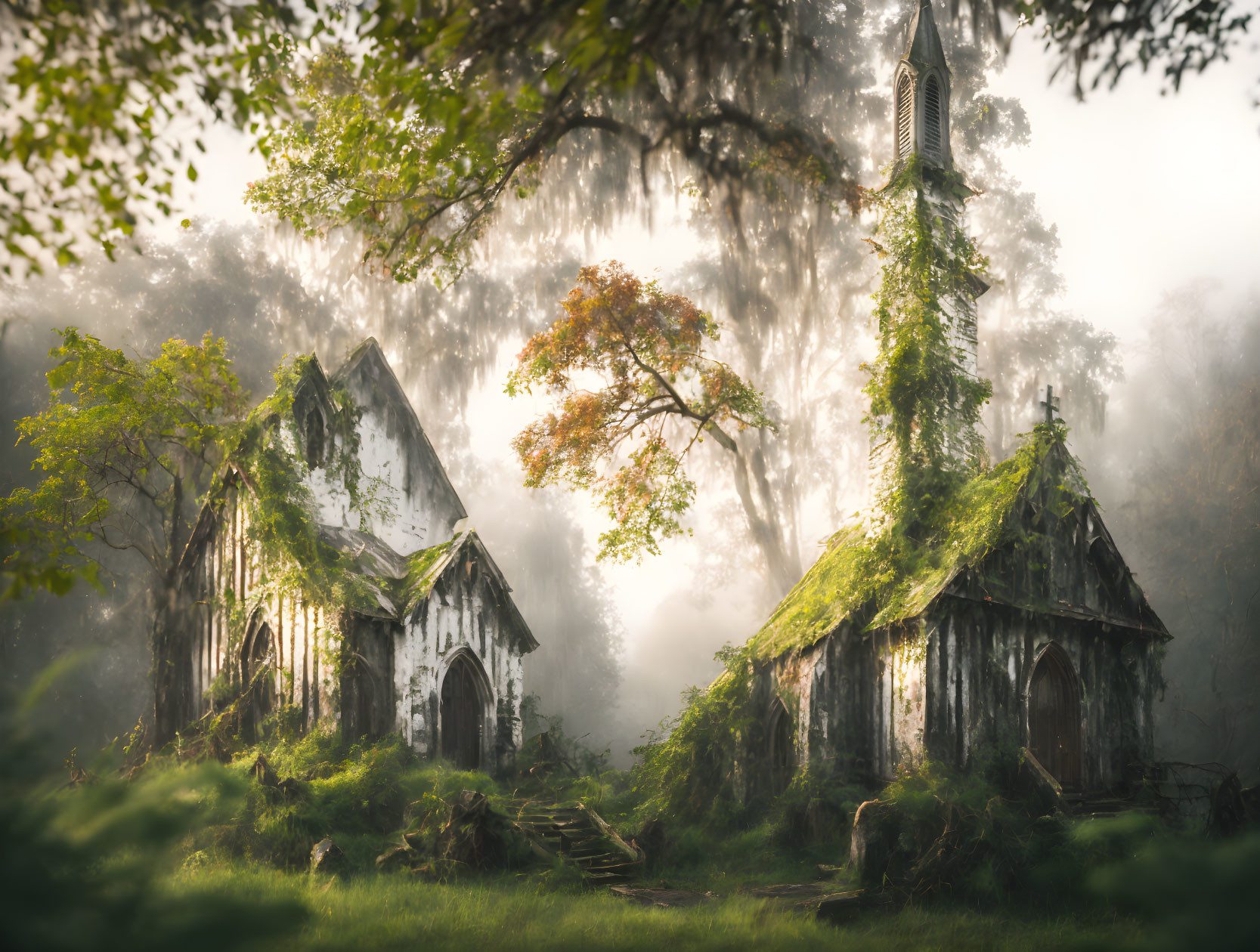 Gothic-style church ruins in mossy forest with sunlight filtering.