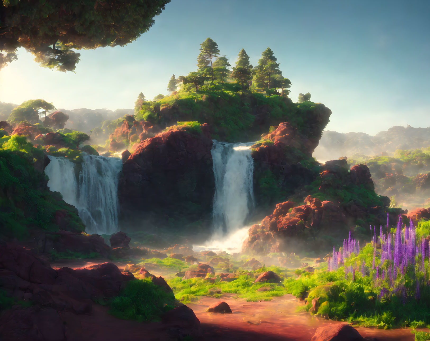 Tranquil landscape with twin waterfalls, lush greenery, purple flowers, and sunlit cliffs