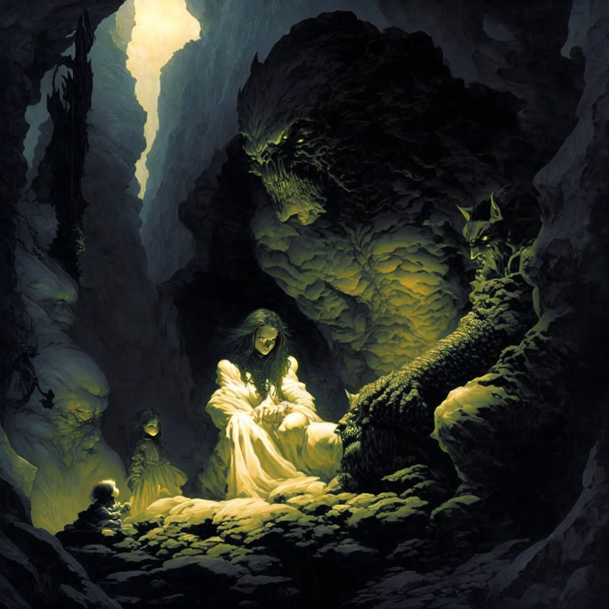 Mystical cave scene with robed figures and glowing entity in lush setting