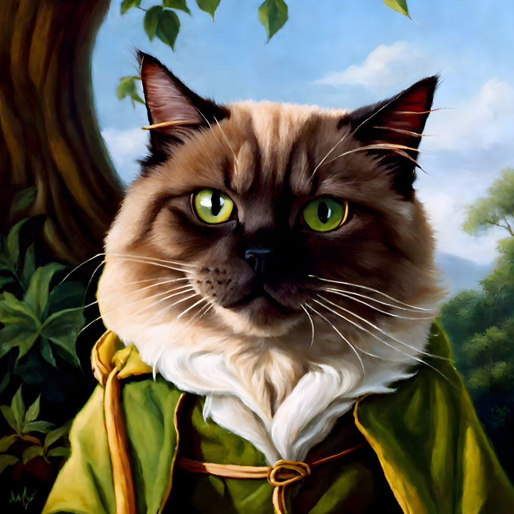 Stylized painting of cat with human-like body in green coat against foliage.