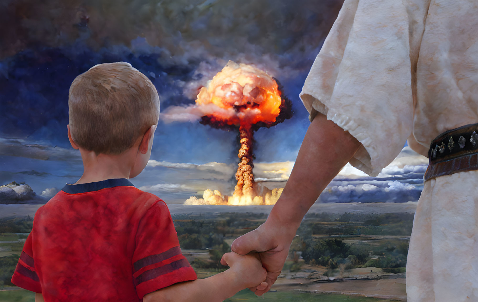 Child Holding Adult's Hand Near Distant Mushroom Cloud Explosion