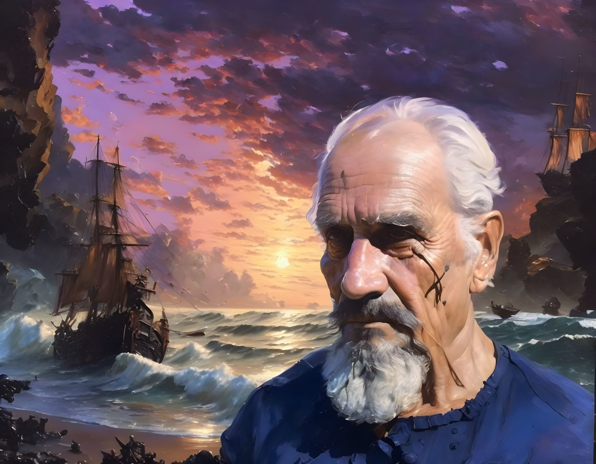 Elderly man with white hair and tattoo in front of ships at sunset