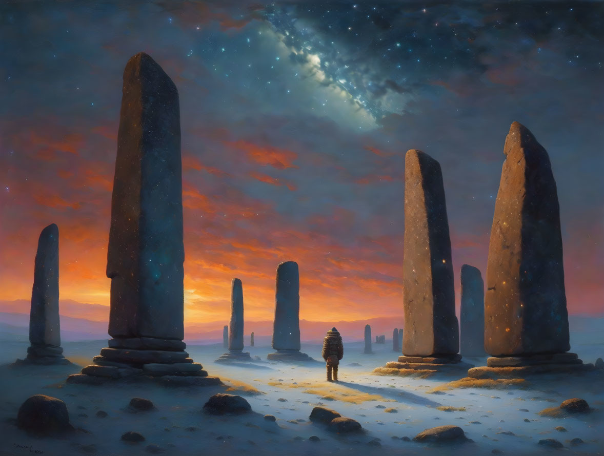 Person surrounded by ancient monoliths under starry sky at sunset