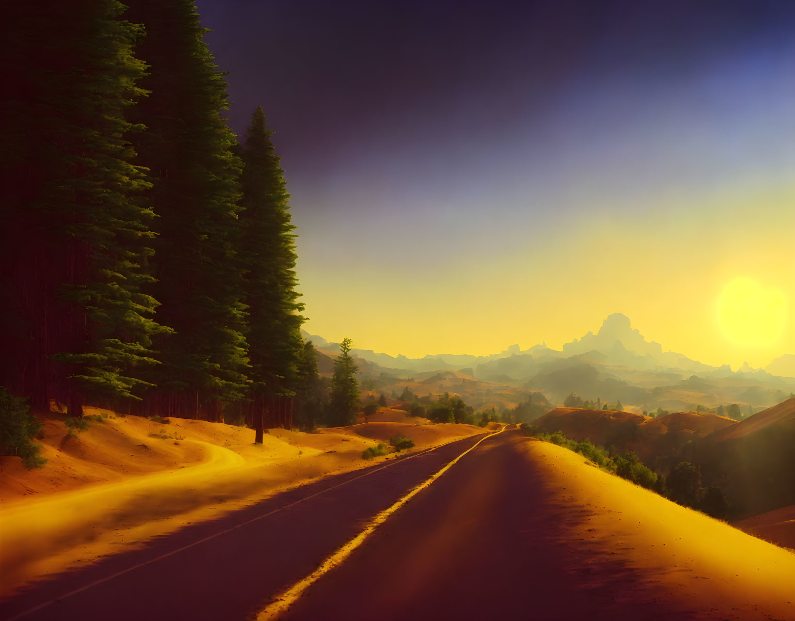 Empty road at sunset with trees, mountains, and orange sky