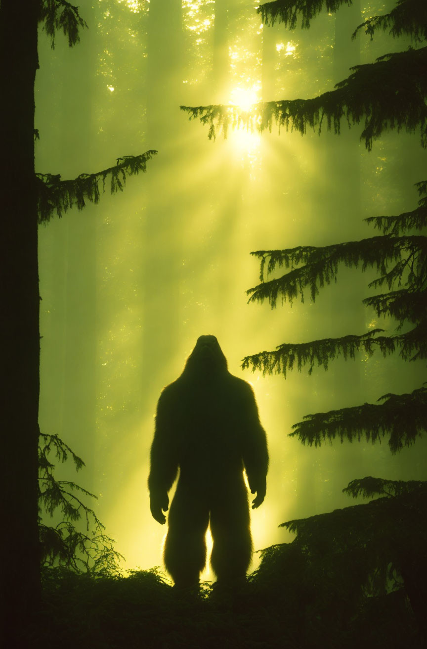 Misty forest scene with silhouette of large creature