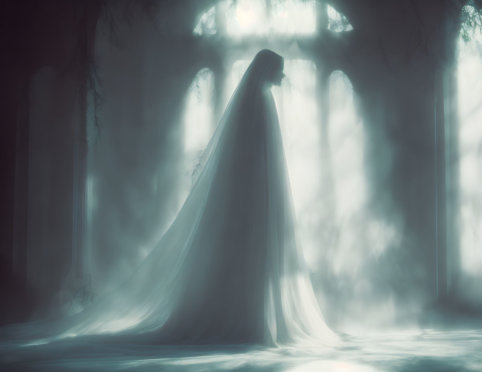 Mysterious figure in flowing cloak in misty forest with sunbeams