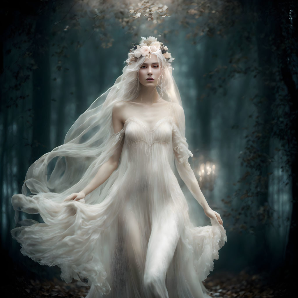 Woman in white gown and floral headpiece in misty forest scene