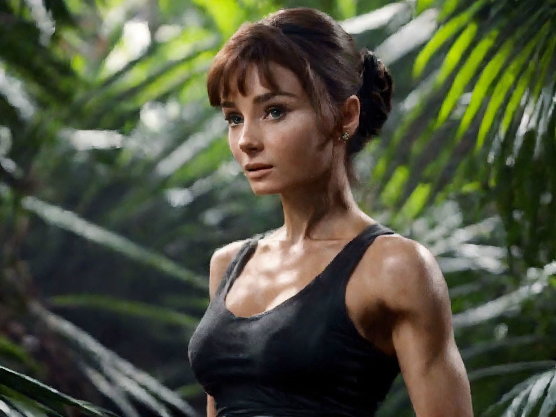 Brown-haired woman in bun, black tank top, in lush jungle setting