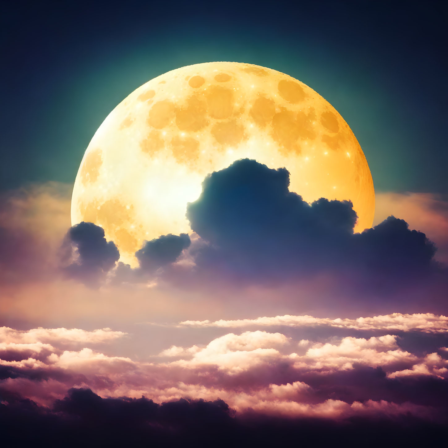 Dramatic full moon rising in orange and blue cloudy sky