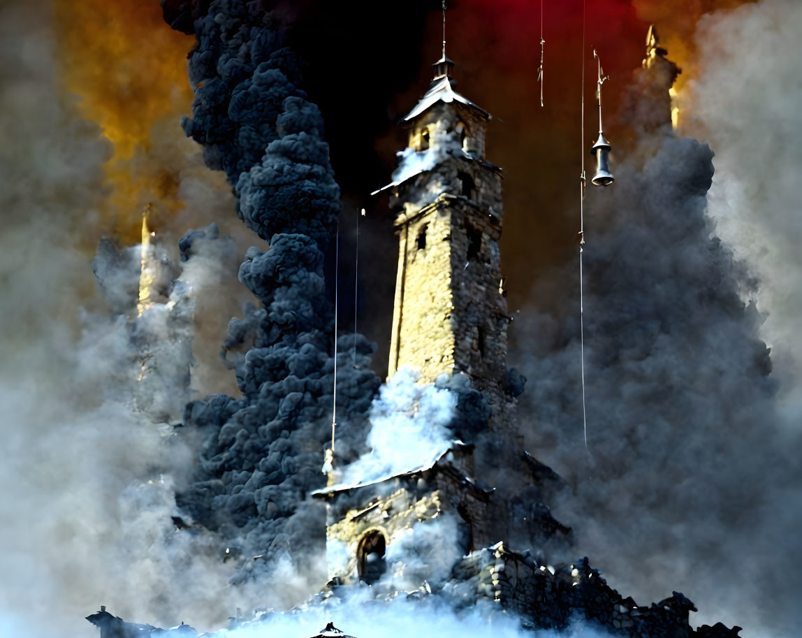 Medieval tower engulfed in flames and smoke against dark sky