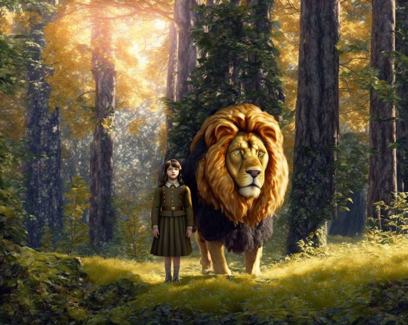 Young girl with majestic lion in sunlit autumn forest