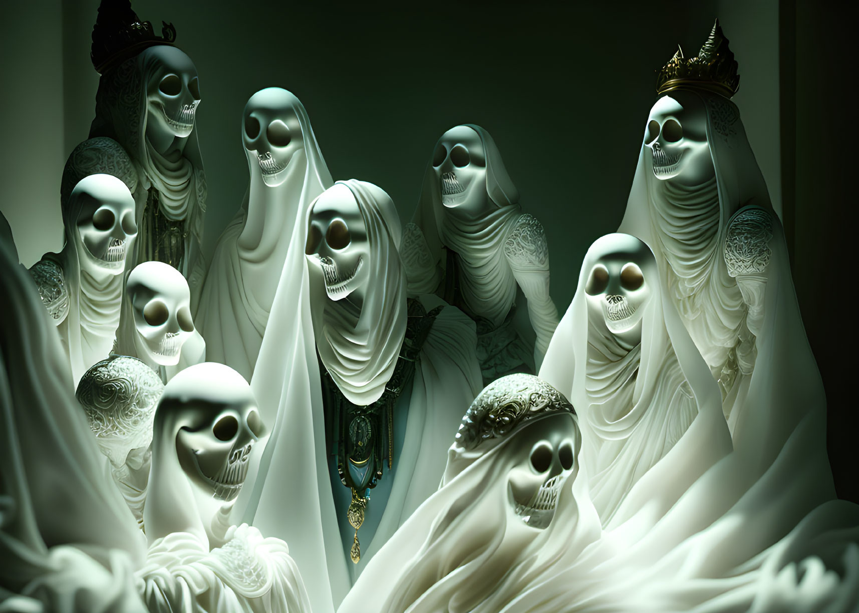 Ethereal ghoulish figures in royal and religious attire with skull faces and glowing eyes