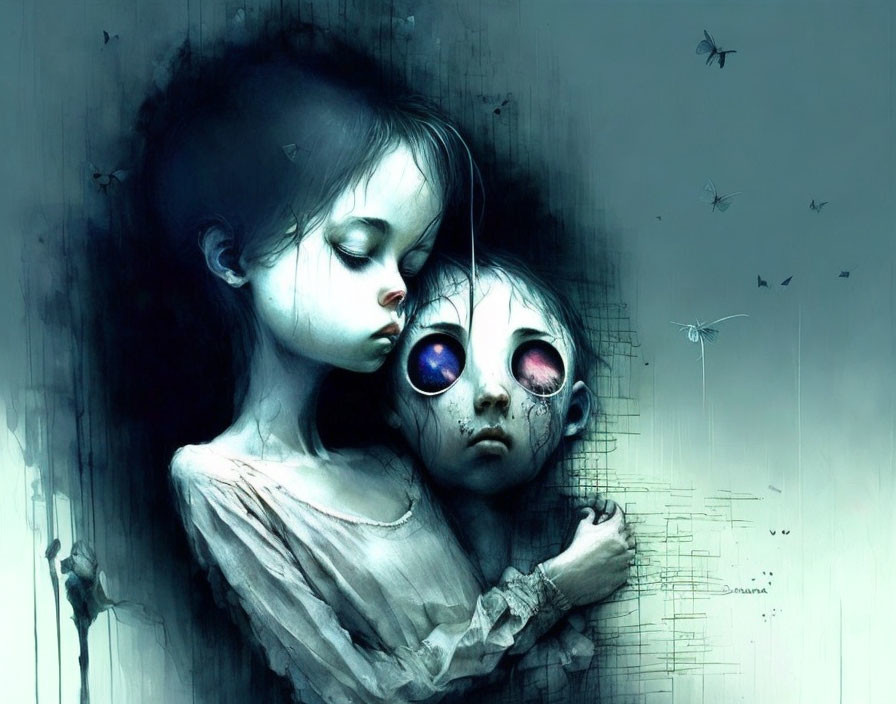 Surreal artwork of girl embracing doll-like figure in gloomy, blue-toned setting