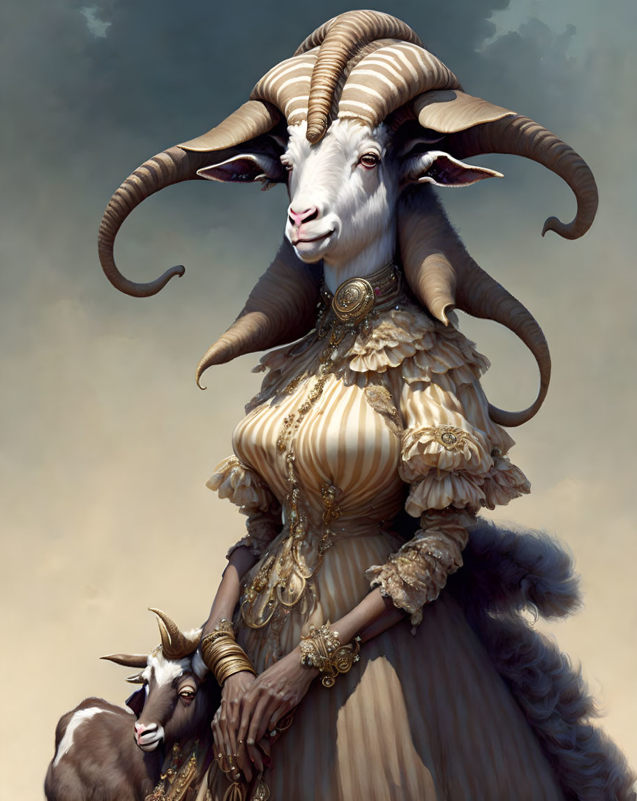 Elegant golden dress adorned anthropomorphic goat with jewelry standing beside smaller goat