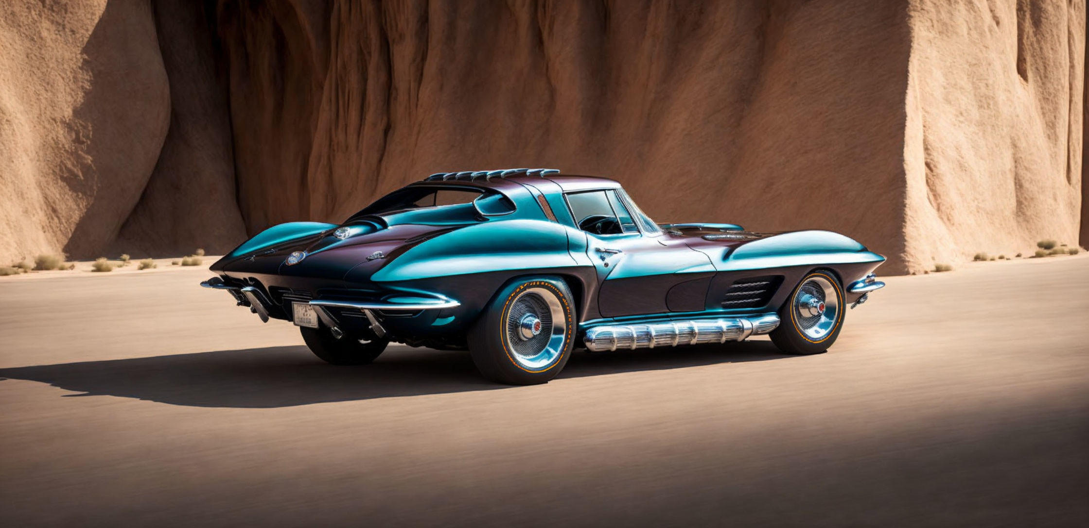 Vintage Blue Chevrolet Corvette Racing on Canyon Road