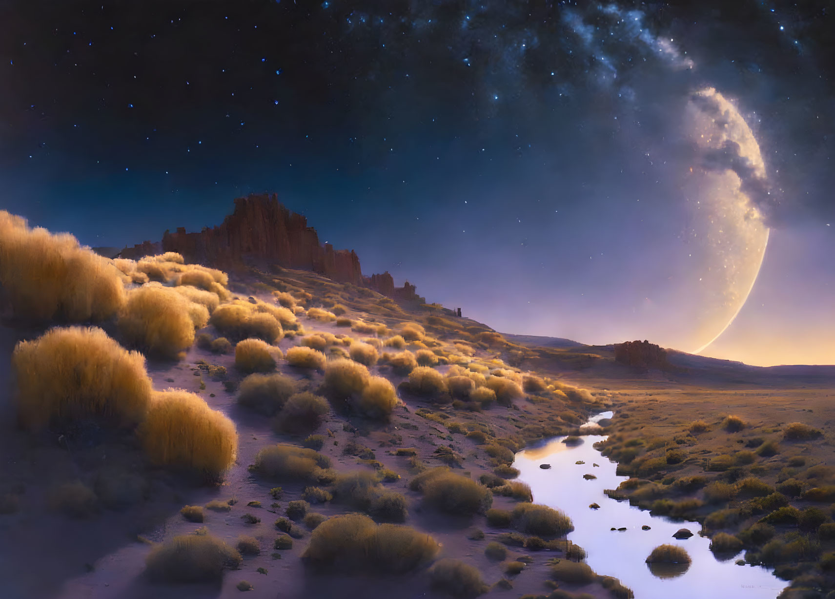 Tranquil night landscape with bushy grass, stream, rock formations, starry sky.