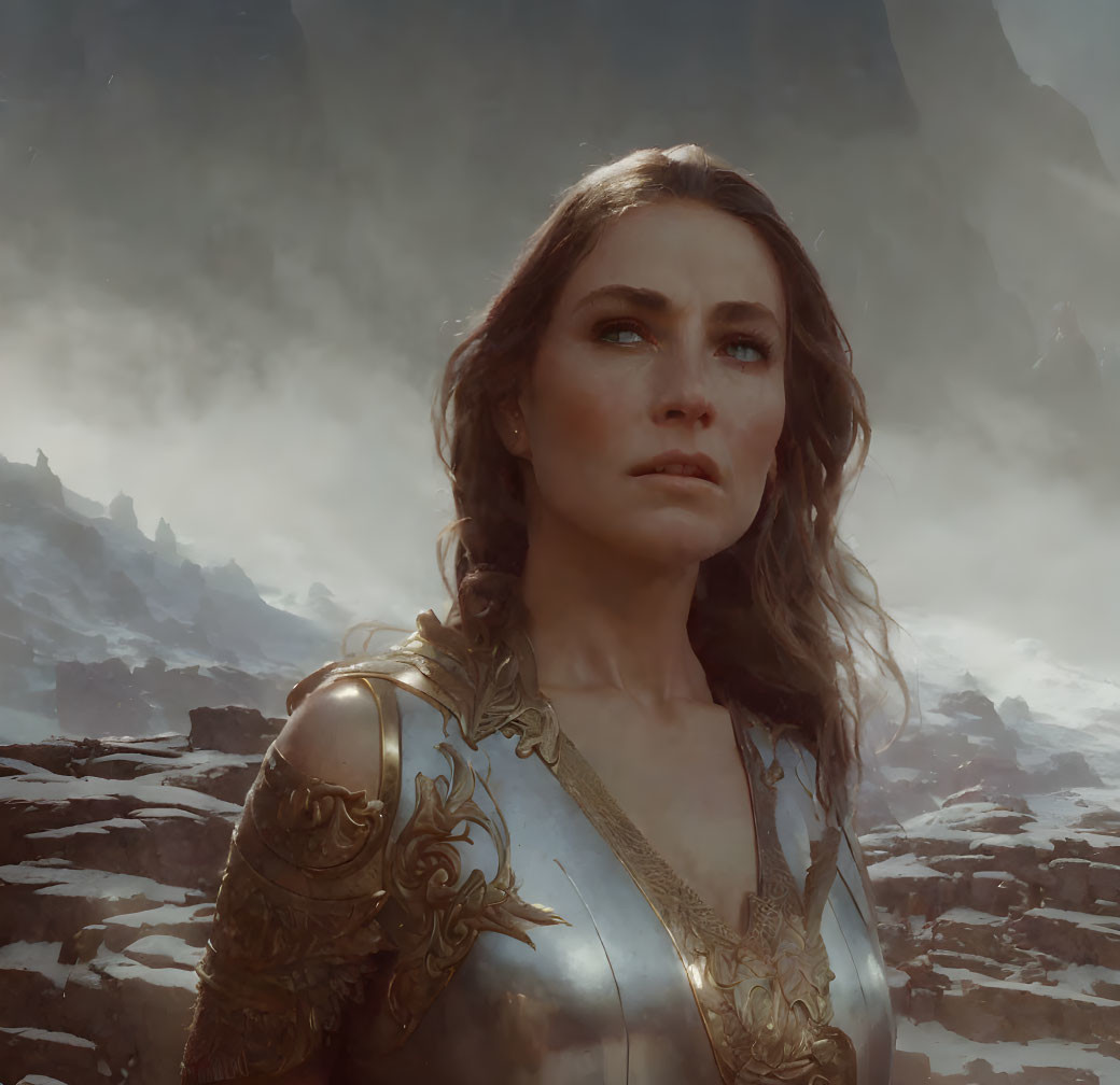 Golden-armored woman gazes against snowy mountains