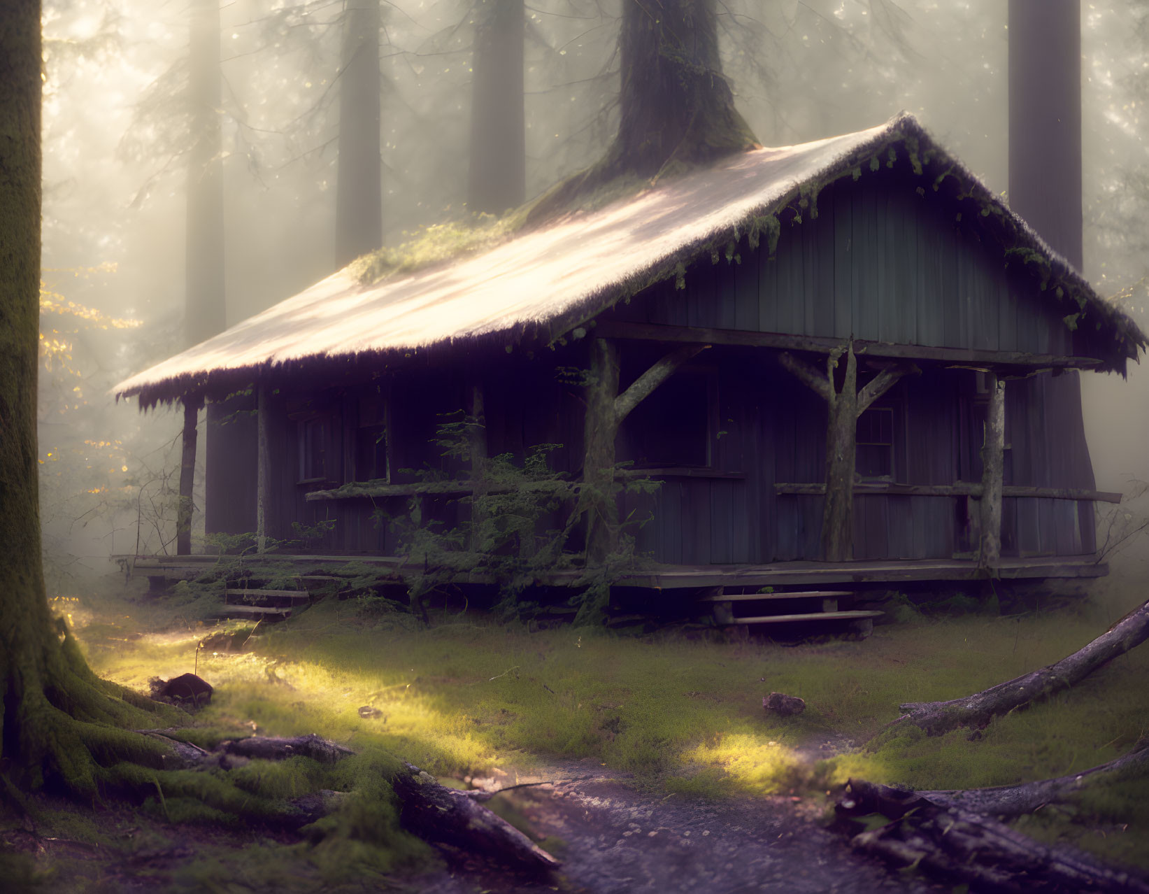 Moss-covered wooden cabin in misty forest landscape