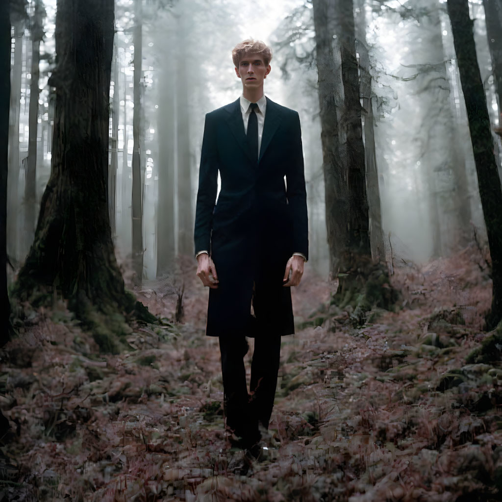 Man in dark suit in misty forest with bare trees and fallen leaves