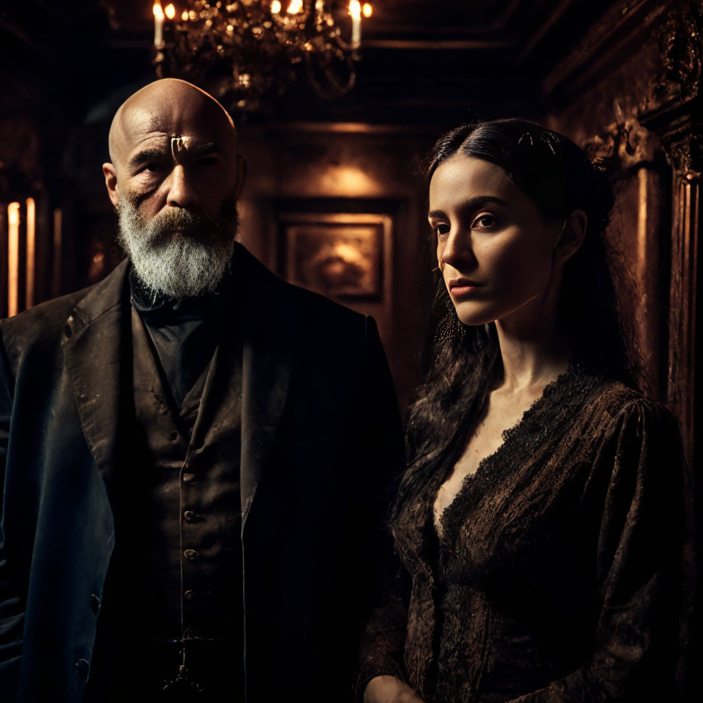 Victorian-era man and woman in formal attire in dimly lit room