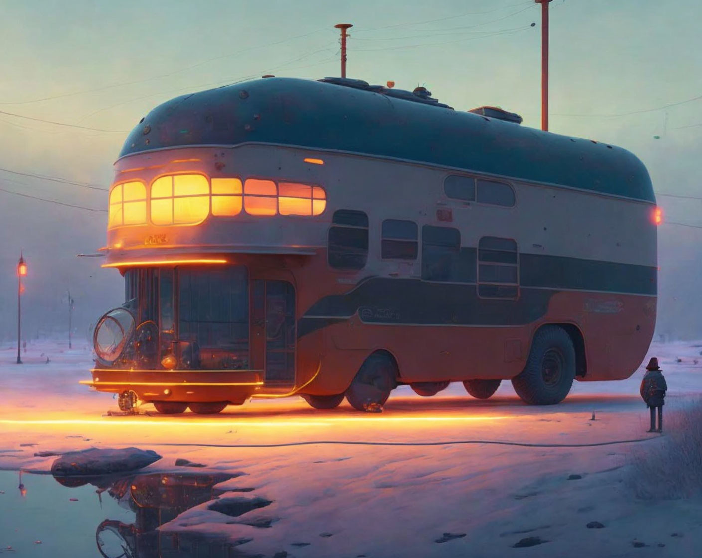 Vintage bus in snowy landscape at dusk with lone figure