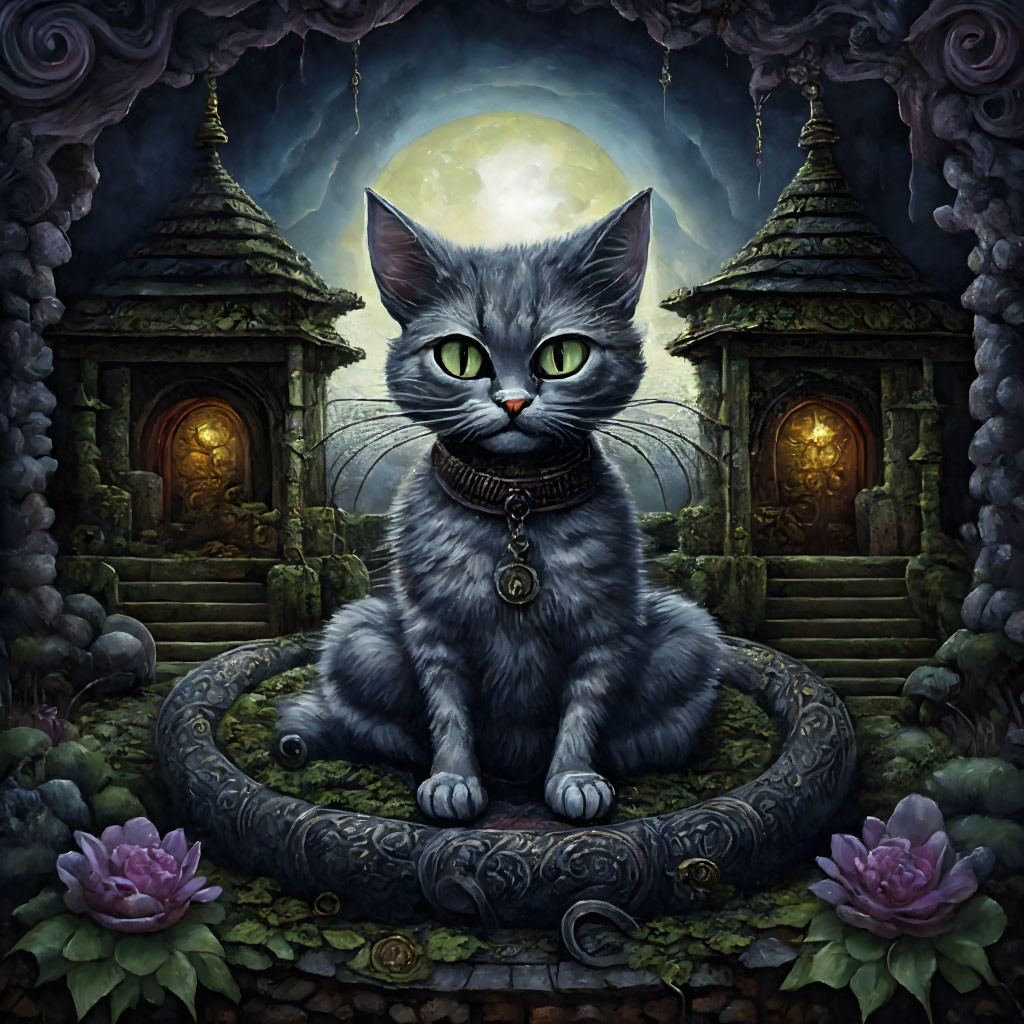 Grey Cat with Intense Eyes in Stone Circle Amid Water Lilies, Temple Doors, Statues,