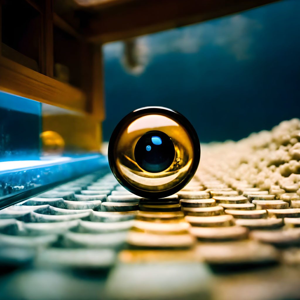 Crystal ball on textured surface reflecting inverted room image with blue light strip.