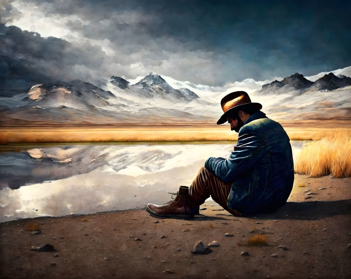 Person in hat and denim by tranquil lake with mountain reflection and dramatic sky