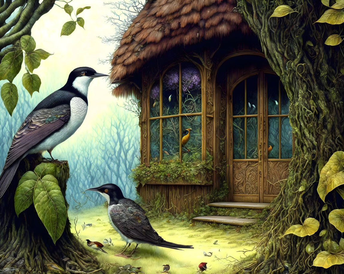 Illustration of birds near thatched-roof cottage in enchanted forest