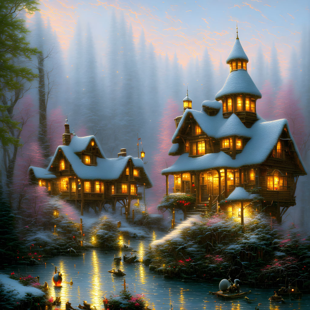 Snow-covered cottage in pine forest with glowing windows and swans on twilight pond