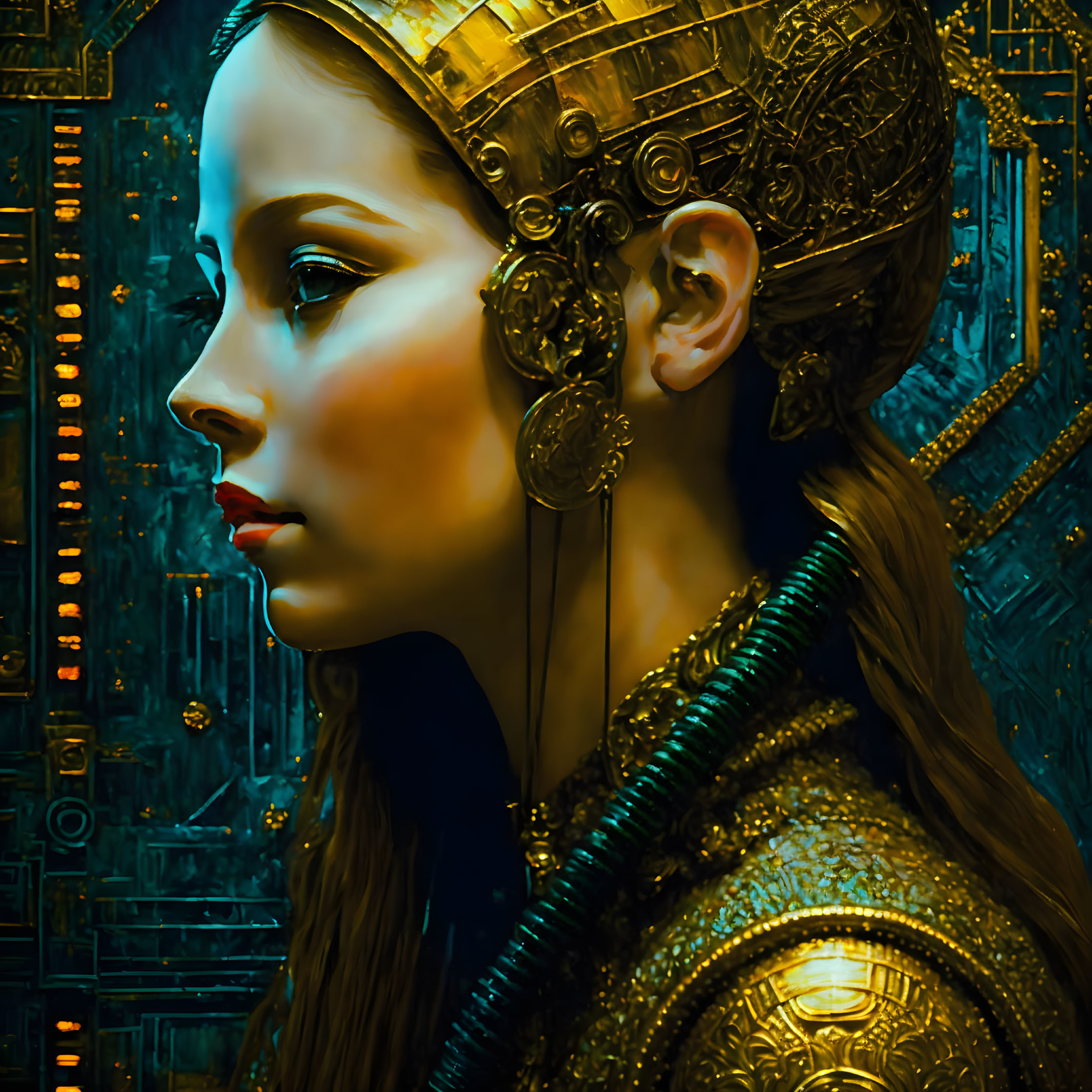 Profile view of woman adorned in ornate gold jewelry on textured golden backdrop