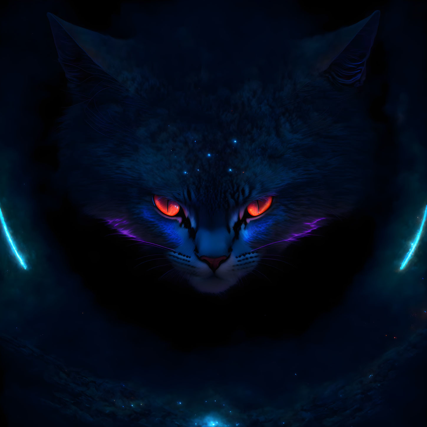 Mystical Blue Cat with Red Eyes and Cosmic Elements