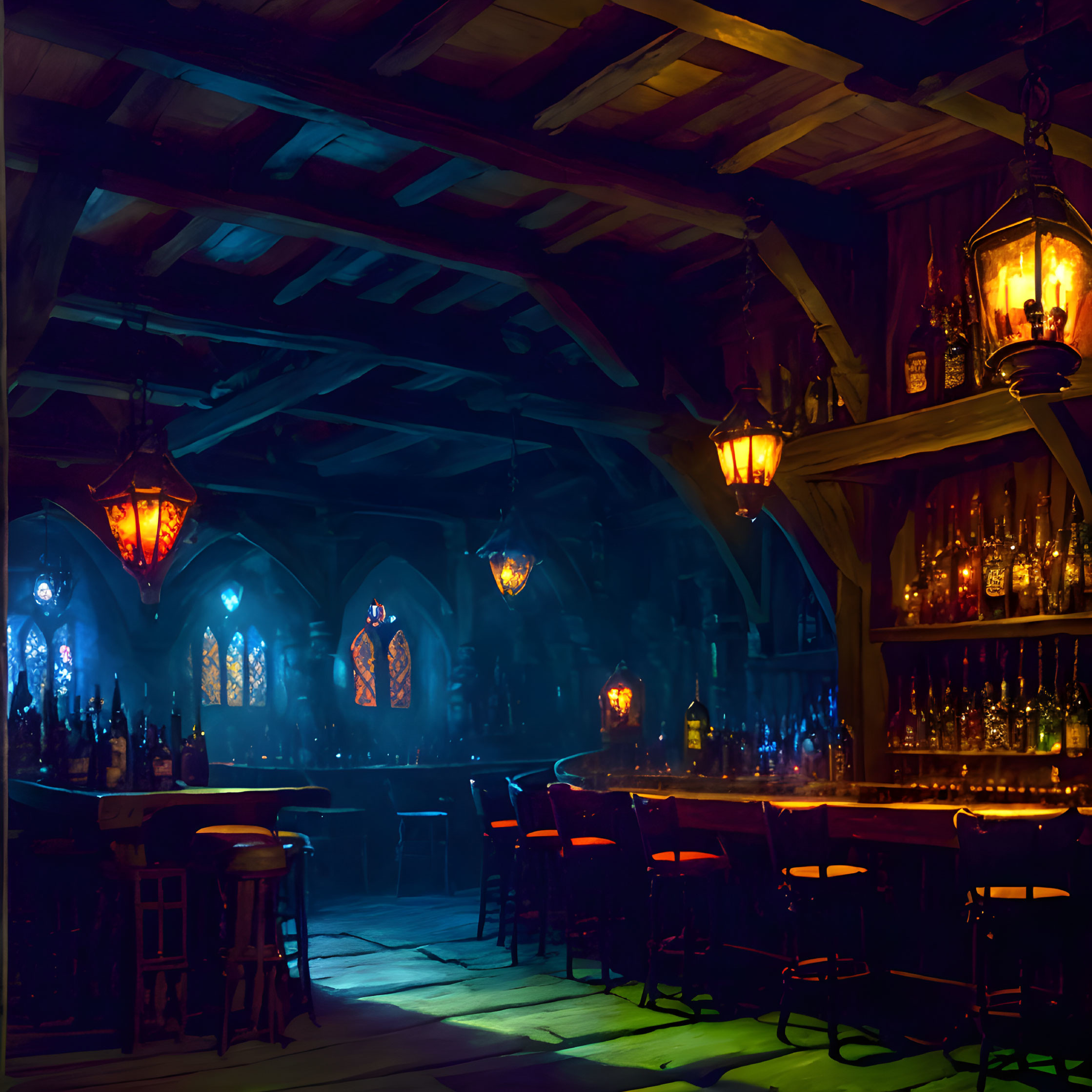 Fantasy tavern with stained glass windows and lantern-lit bar