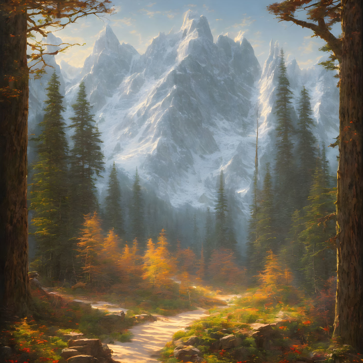 Forest Path Towards Snow-Capped Mountain and Autumn Trees