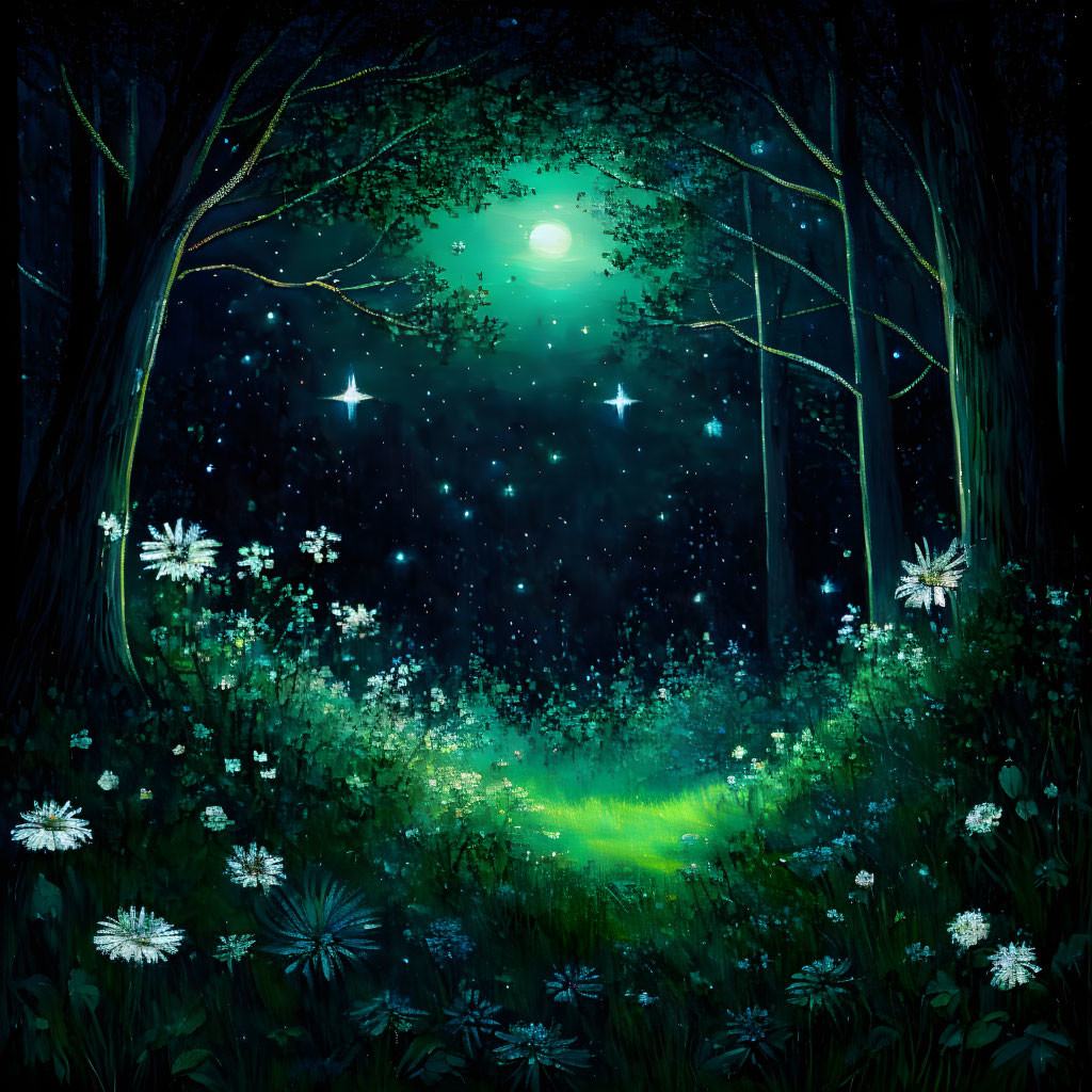 Enchanting forest night scene with glowing path and full moon