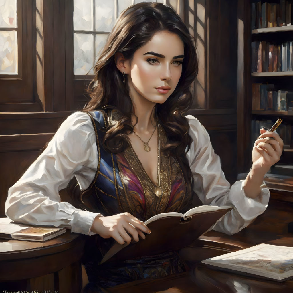 Dark-haired woman in bodice reads book with quill pen