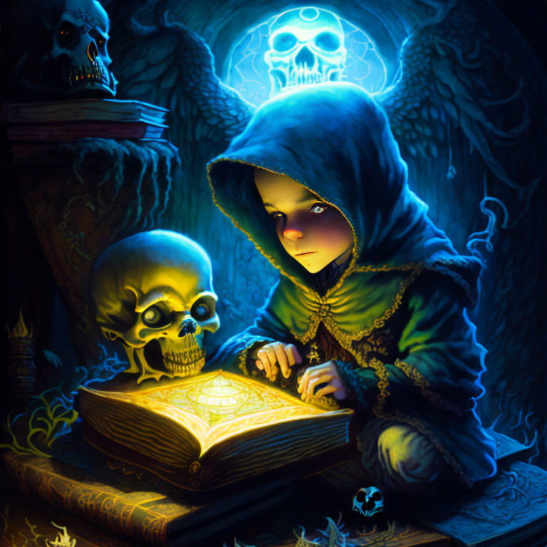 Hooded Figure Reading Glowing Book Among Skulls