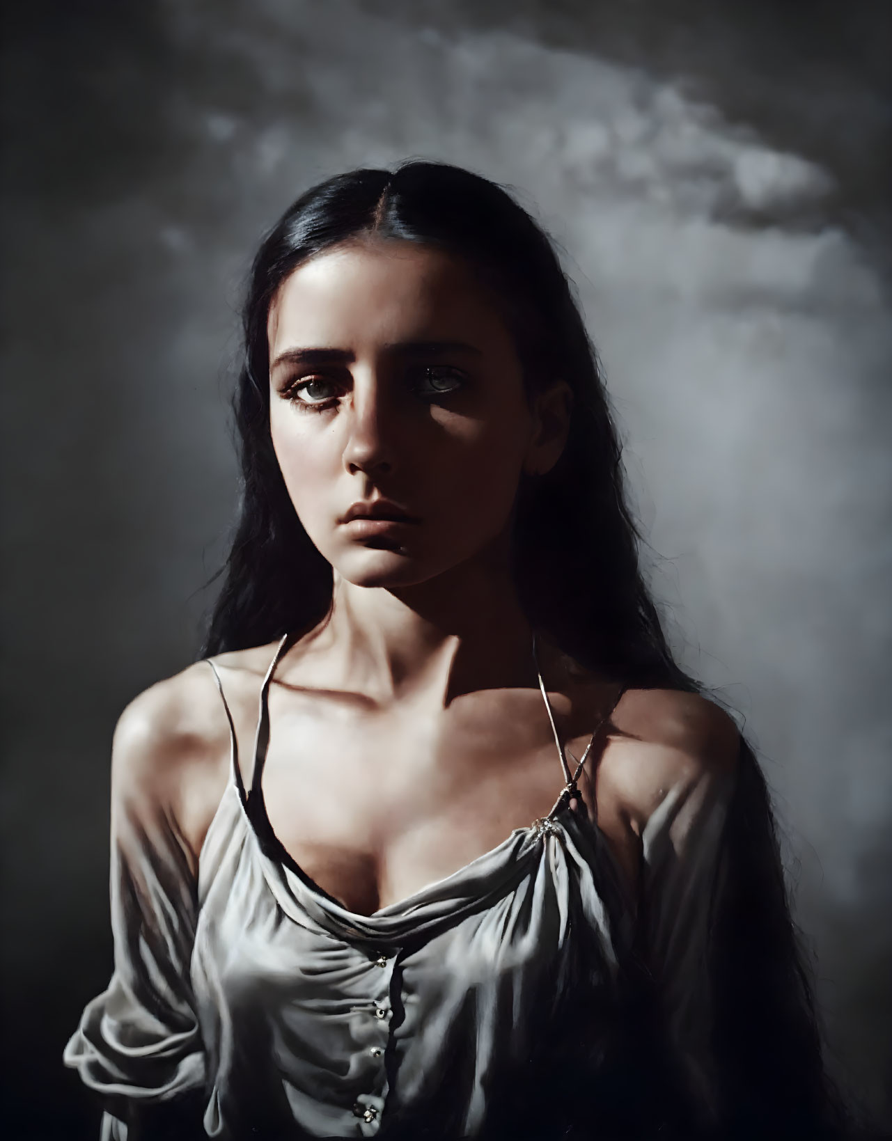 Dark-haired woman gazes sideways in soft lighting against moody backdrop