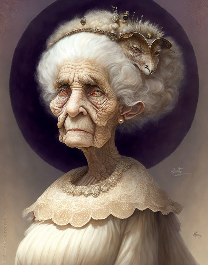 Detailed portrayal of elderly woman with crown, lamb, and purple halo background