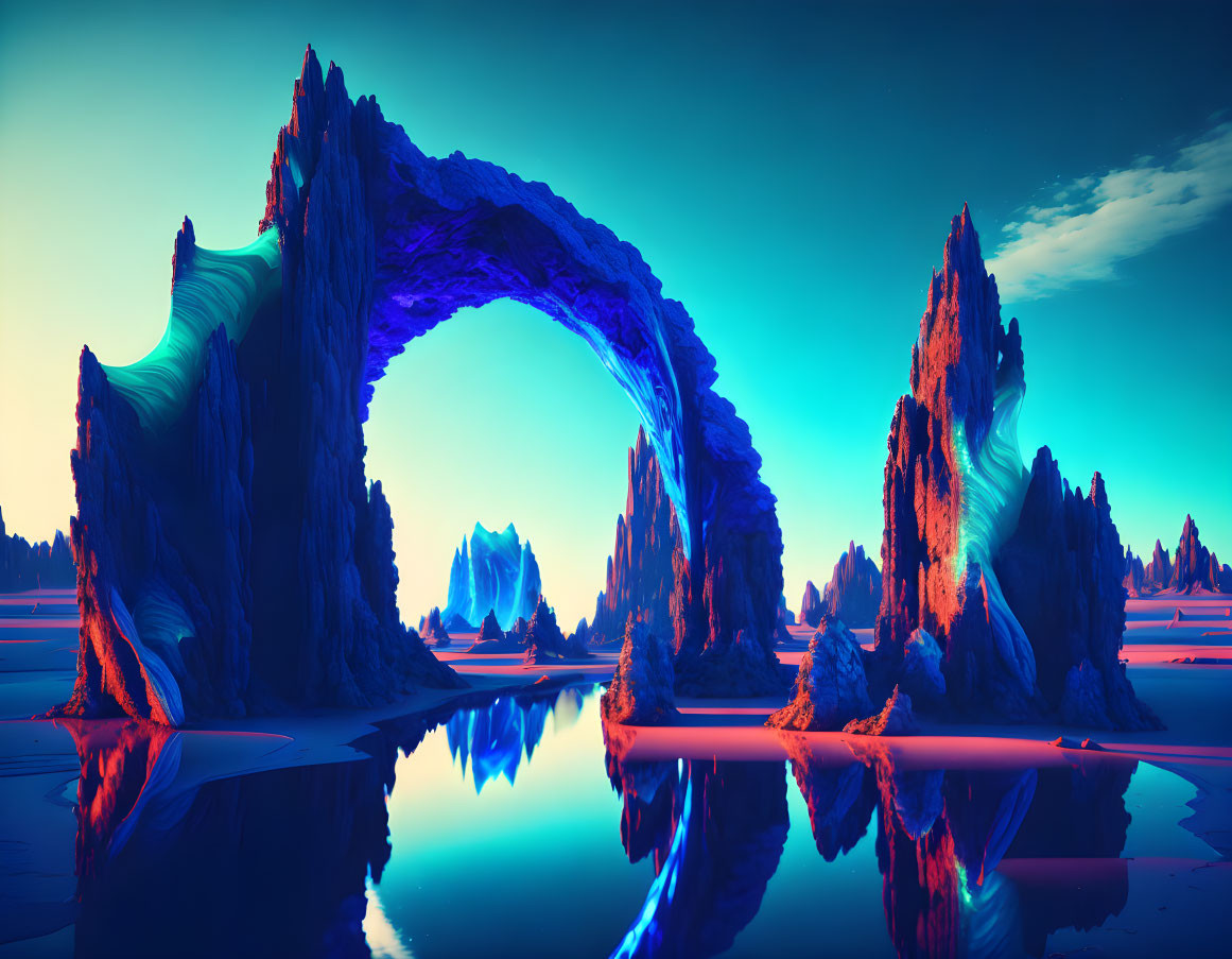 Surreal landscape with natural arch, tranquil water, and towering rock formations