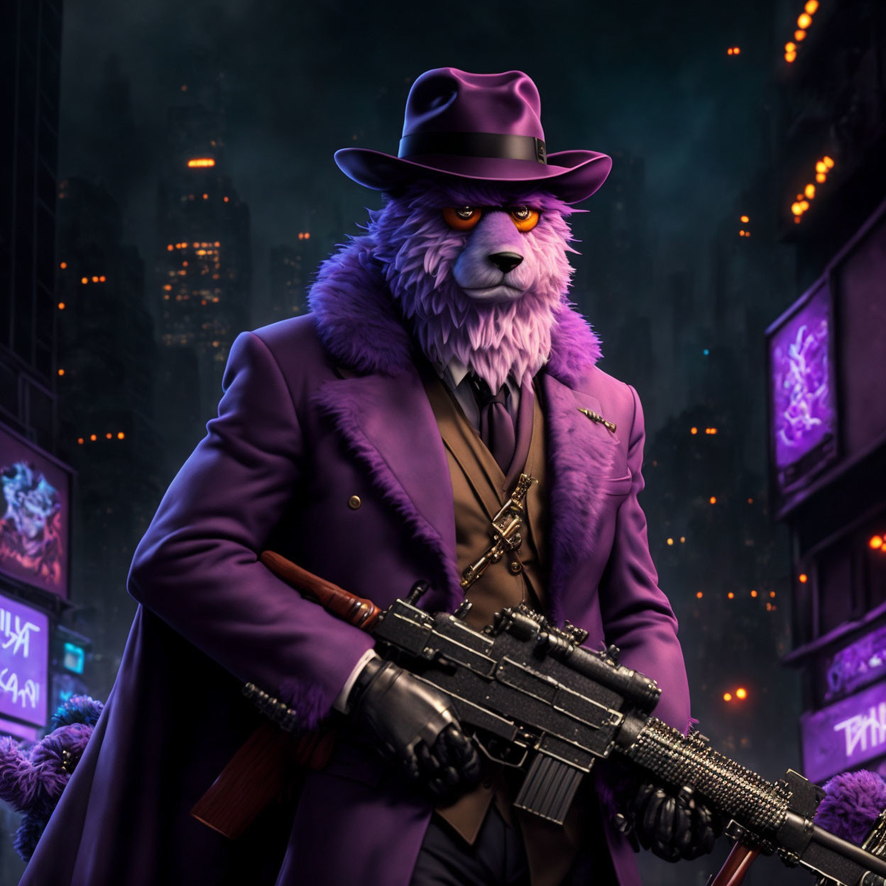 Anthropomorphic wolf in suit with gun in neon-lit cityscape